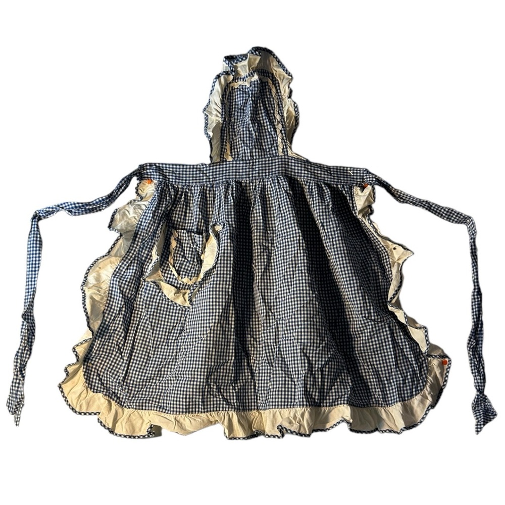 Vintage Handmade Cotton Gingham Apron with Pocket and Ruffles